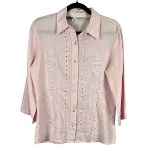 Malcolm & Co Irish Linen Floral Embroidered Eyelet Button Down Shirt Medium Pink